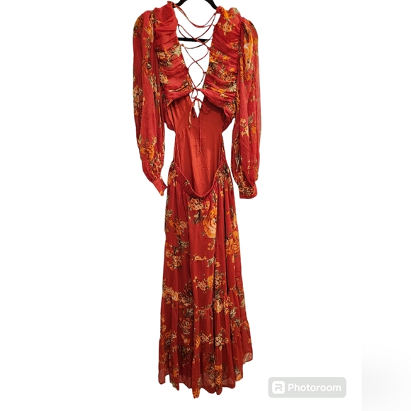 ASOS DESIGN soft pleated bodice maxi dress lace up back red floral print size 6 - Picture 5 of 13